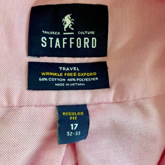 Stafford Travel Wrinkle Free Pink Oxford Long Sleeve Button Down Shirt Neck 17 - Picture 6 of 7